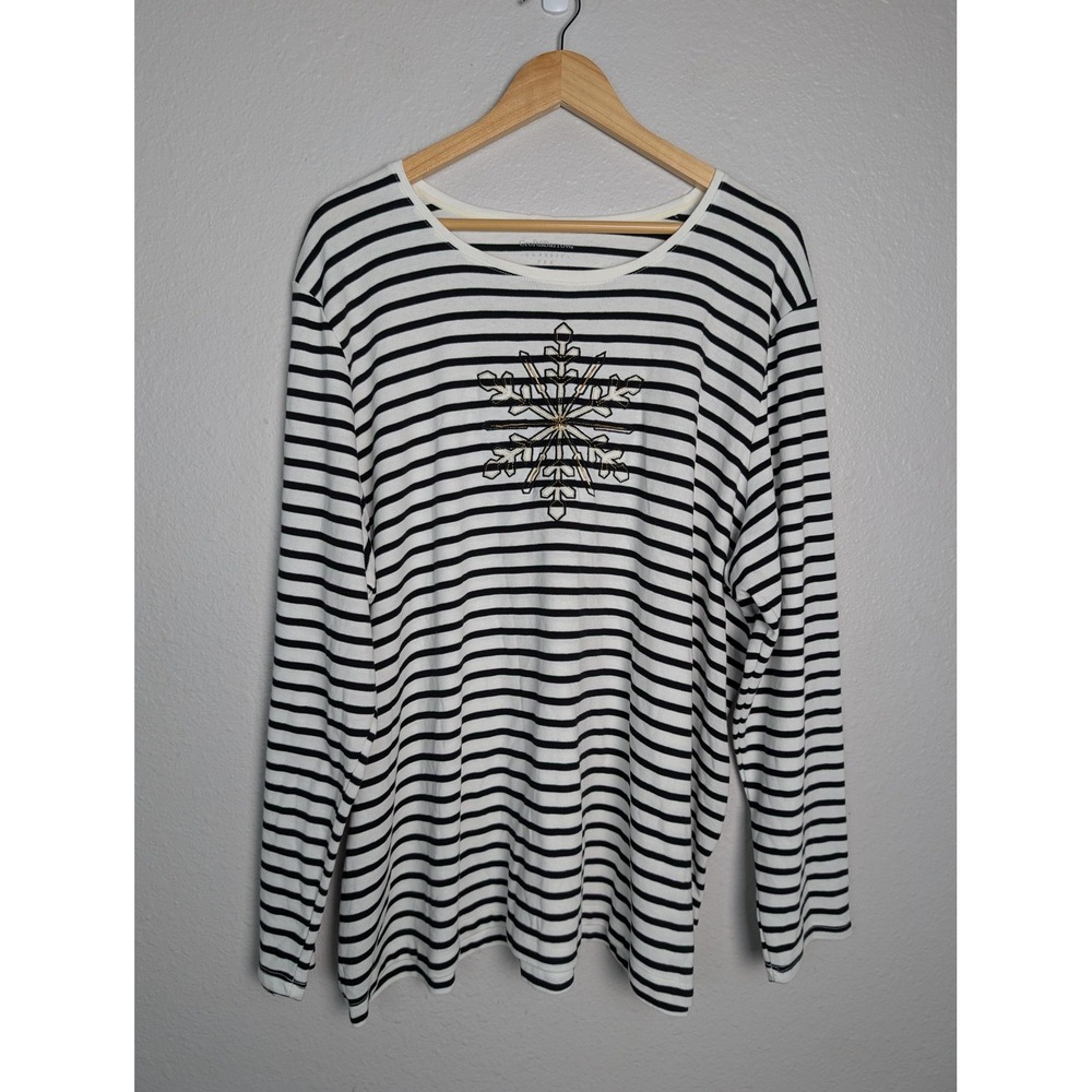 Croft & Barrow Shirt Womens 3X White Striped Long Sleeve Round Neck Embellished